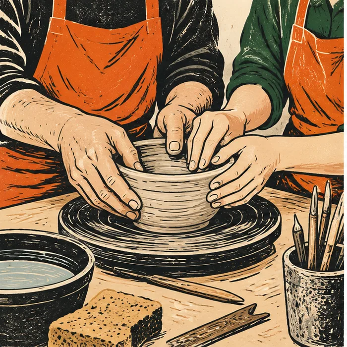 Illustrated hands shaping clay