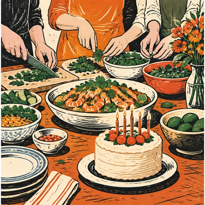 Illustrated cooking table and birthday cake